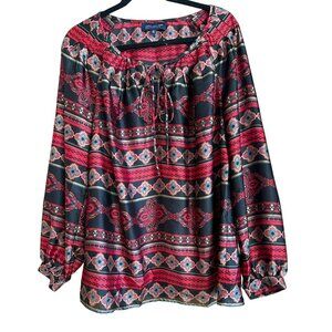 Jones New York Womens 1X Black & Red Boho Peasant Blouse Long Sleeve Colorful